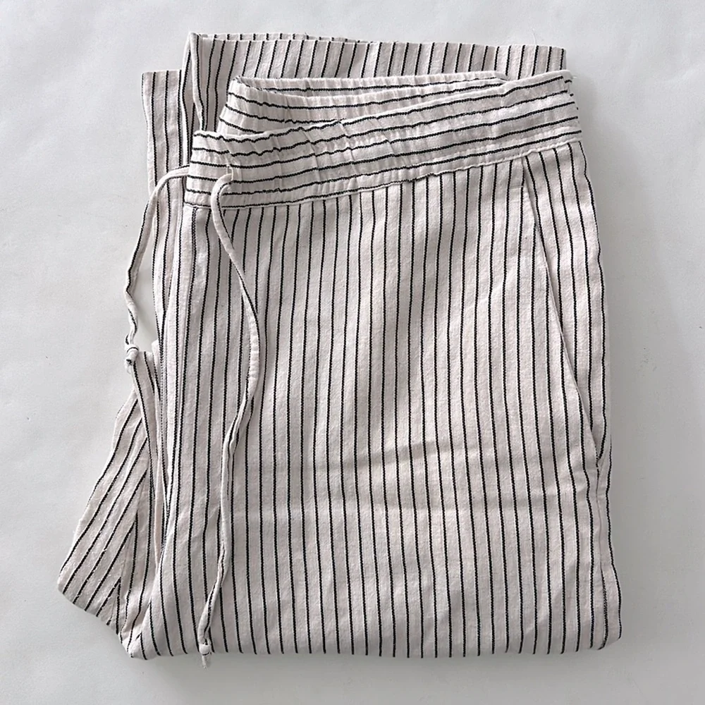 ZARA Drawstring Stripe Linen Cotton Wide Leg Pants Pockets Size L $79